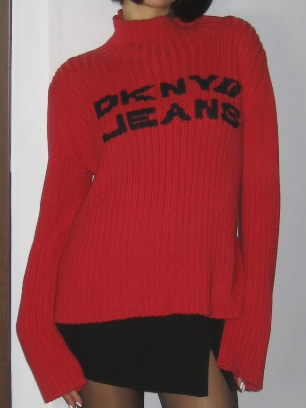 Dkny Red Ribbed Turtleneck Sweater with Black Logo